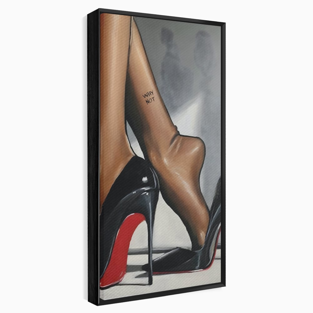 Tablou canvas cu ilustratie cu picioare si pantofi eleganti, in rama de aluminiu negru